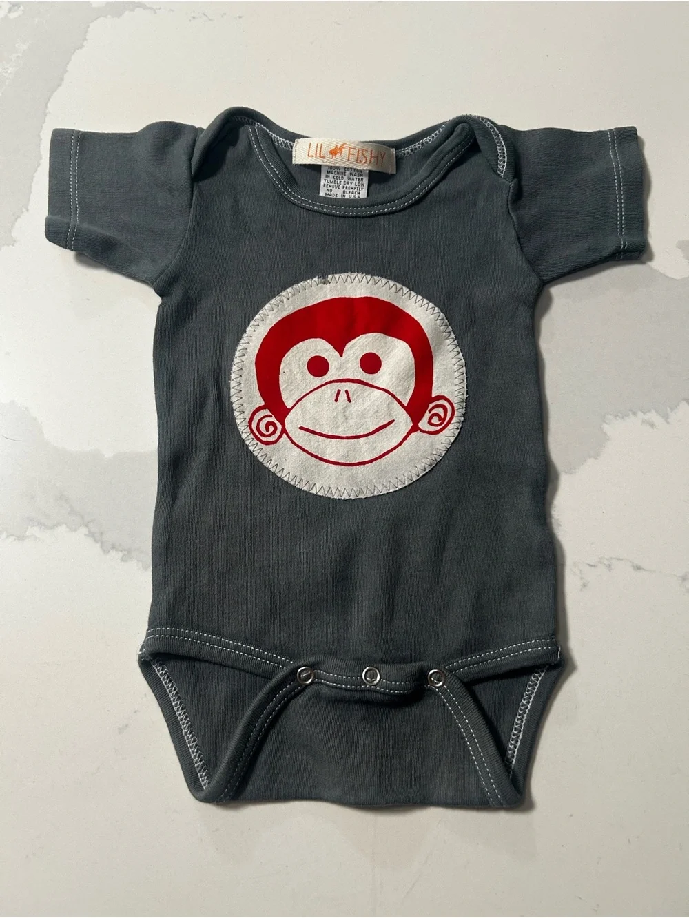 Lil Fishy Charcoal Baby One-Piece with Red Monkey Patch